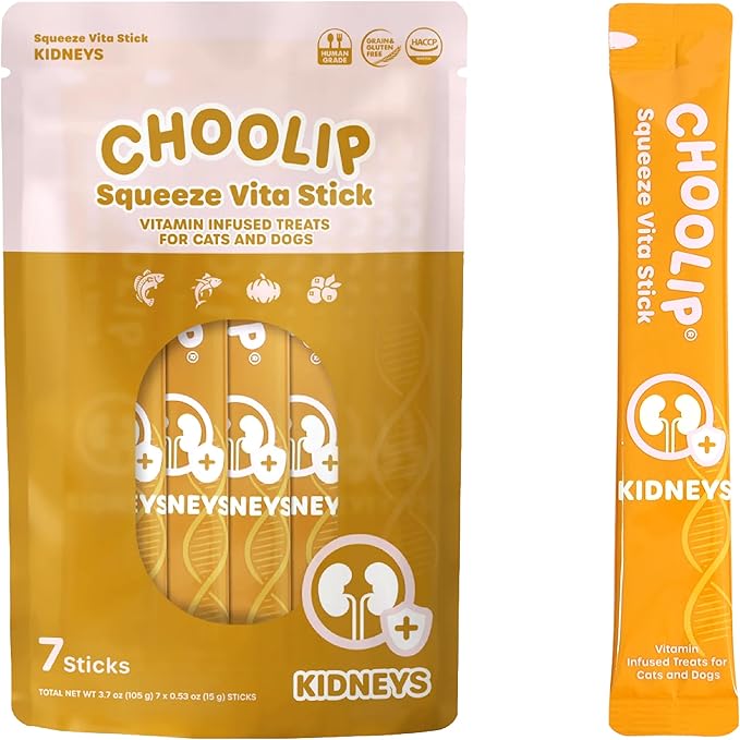 Choolip Squeeze Vita Stick Lickable Cat and Dog Treats, 7-Count Kidney Support, Tuna and Pollack with Cranberry, CoQ10 and Omega-3, Grain-Free, Vet-Formulated