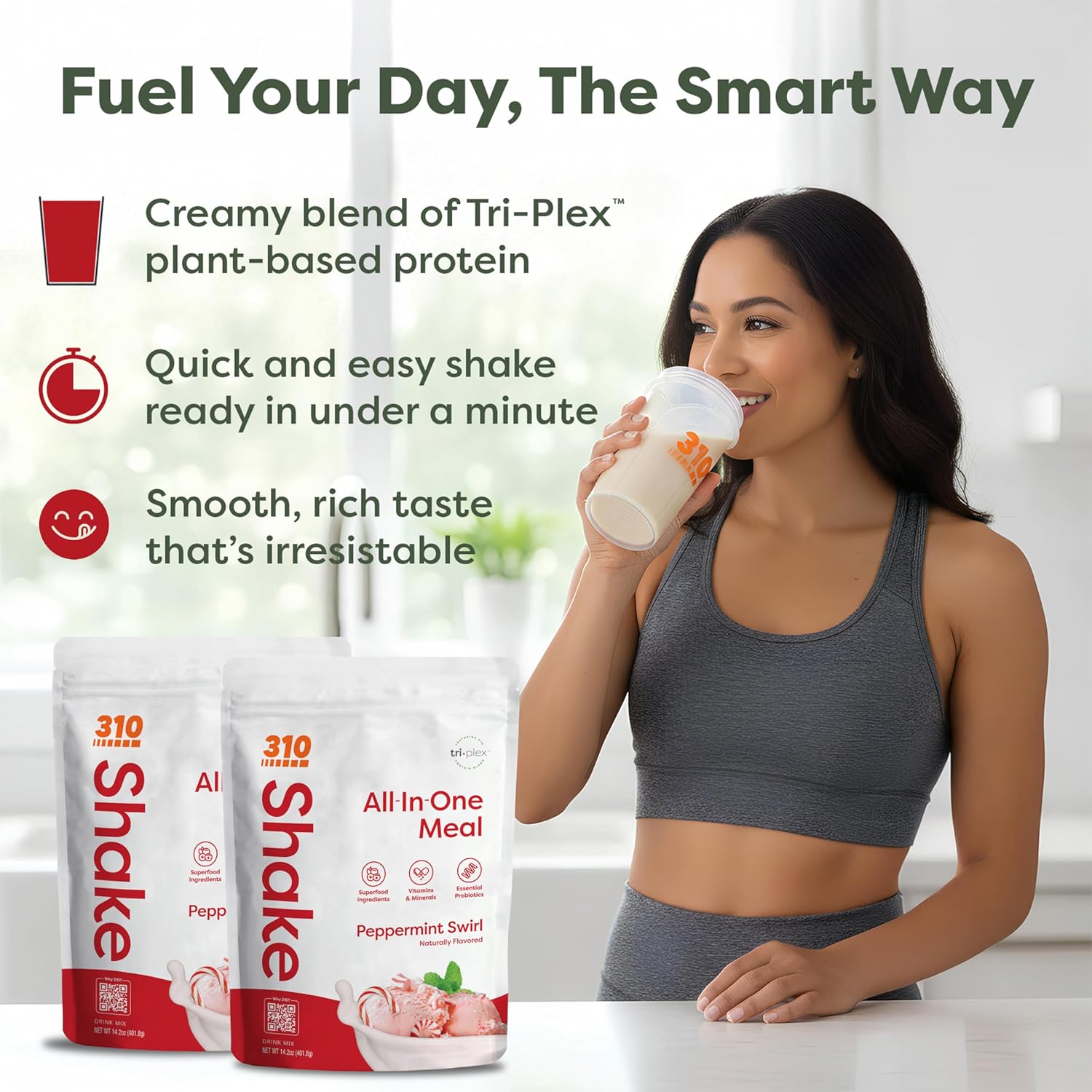 310 Nutrition All-In-One Meal Replacement Shake Powder - Plant-Based Protein Protein Powder with High-Fiber, Probiotics, Digestive Enzymes & Adaptogens - Low Carb Vegan Keto Friendly Superfoods Smoothie - Peppermint Swirl - 28 Servings