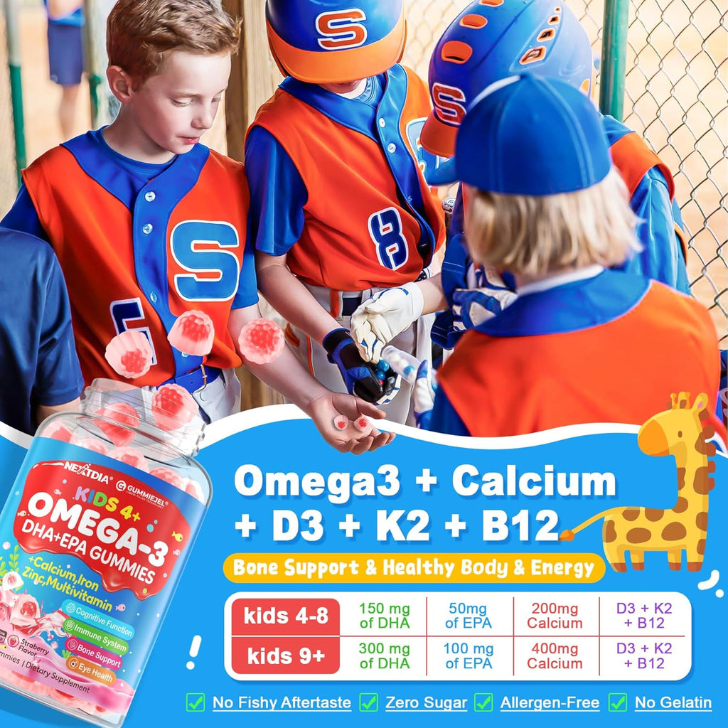 Omega 3 (EPA/DHA) Filled Gummies for Kids with Multivitamin, Calcium + D3 + K2 + Zinc, Plus Vitamin A B1 B2 B12 C, Selenium, Iodine for Brain, Eye, Bone, Energy, No Fish Taste, 2 Pack