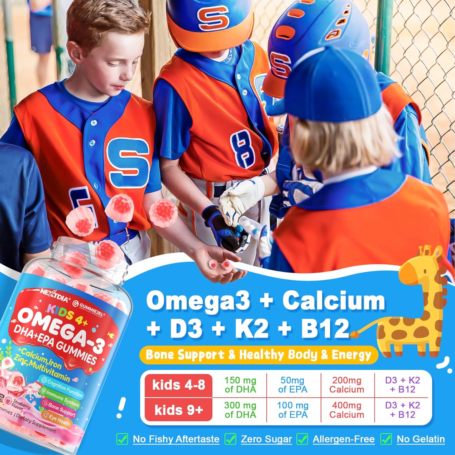 Omega 3 (EPA/DHA) Filled Gummies for Kids with Multivitamin, Calcium + D3 + K2 + Zinc, Plus Vitamin A B1 B2 B12 C, Selenium, Iodine for Brain, Eye, Bone, Energy, No Fish Taste, 2 Pack
