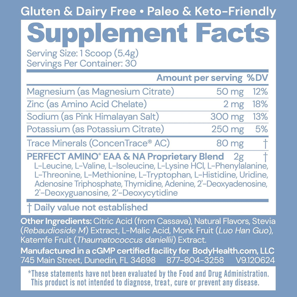 BodyHealth PerfectAmino Electrolytes Powder No Sugar, Keto Sugar Free Fasting Electrolytes Drink Mix, Hydration Powder with Trace Minerals - Orange - 30 Servings