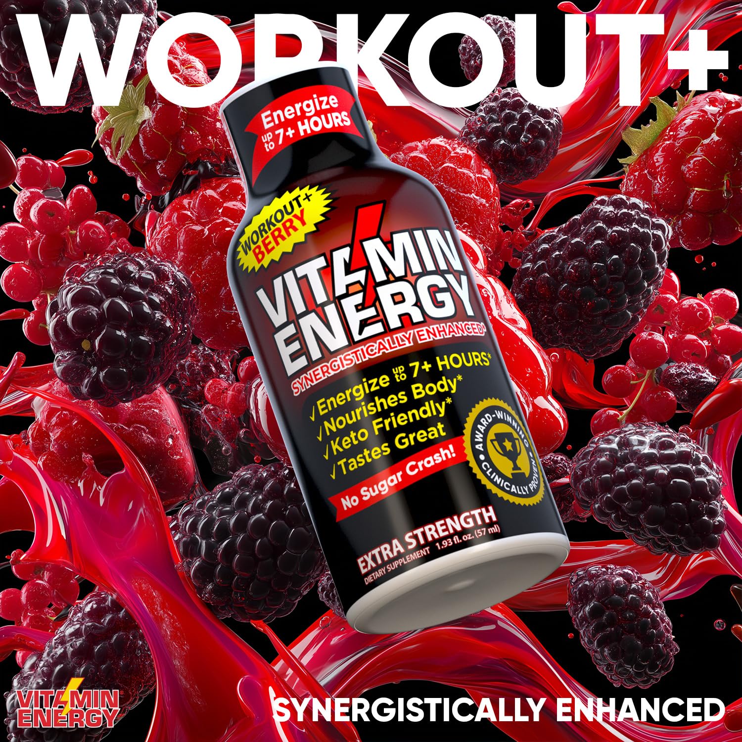 Vitamin Energy Workout+ Extra Strength Energy Shot Berry 12 Pack, 260mg Natural Caffeine, Pre-Workout, B-Vitamins, Minerals, Endurance & Performance, Zero Sugar, Gluten-Free, Vegan, 1.93 fl oz