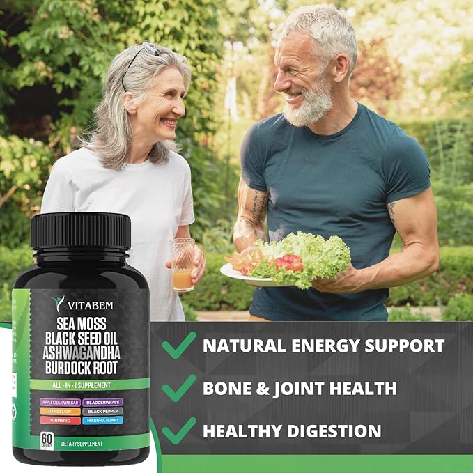 Sea Moss Black Seed Oil Ashwagandha Turmeric Bladderwrack Burdock Root | Advanced Sea Moss Capsules All in One Supplement with Seamoss Black Seed Oil Burdock Root Capsules - 60 Count
