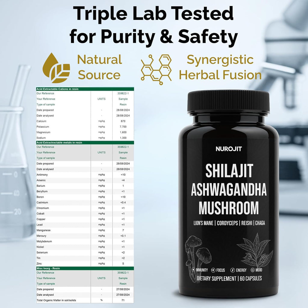 Shilajit Ashwagandha Mushroom Capsules, Herbal Blend with Lion’s Mane, Cordyceps, Reishi & Chaga, Vegan, Lab Tested, Non-GMO Supplement for Focus, Energy, Clarity & Daily Balance (60 Caps)