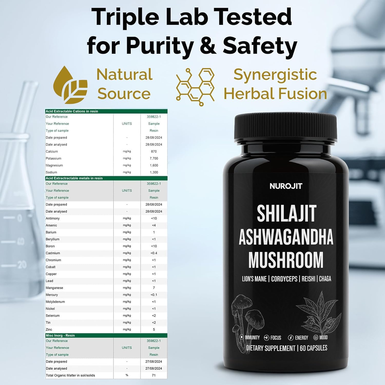 Shilajit Ashwagandha Mushroom Capsules, Herbal Blend with Lion’s Mane, Cordyceps, Reishi & Chaga, Vegan, Lab Tested, Non-GMO Supplement for Focus, Energy, Clarity & Daily Balance (60 Caps)