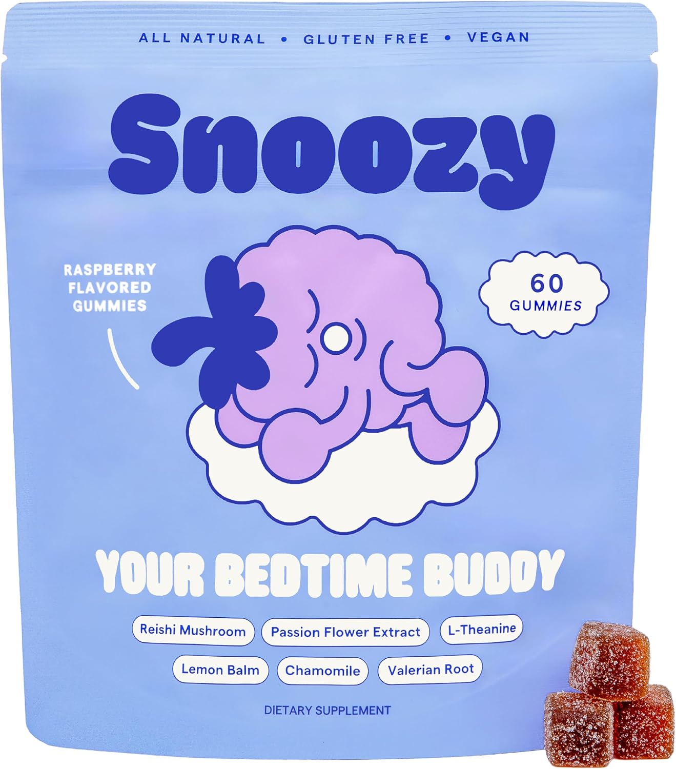 Snoozy Bedtime Buddy, Reishi Mushroom Sleep Gummies | Chamomile, Valerian Root, Lemon Balm Extract | Natural Sleep Aid, Melatonin Free | Raspberry Flavored, 60 Gummies, 1 Pack