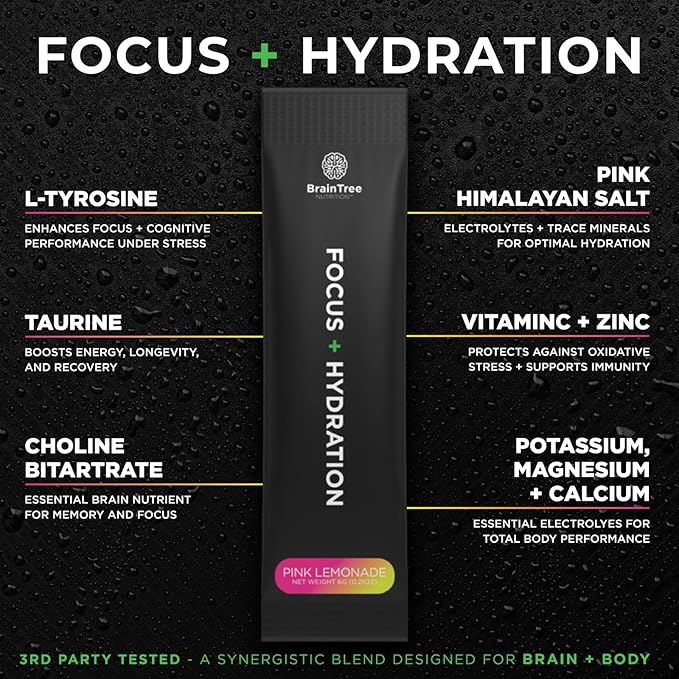 BrainTree Nutrition - Focus + Hydration - Electrolyte Drink Mix - Total Body Hydration - Supports Cognitive Function, Energy & Muscle Recovery - Sugar Free - Pink Lemonade - 30 Stick Packs