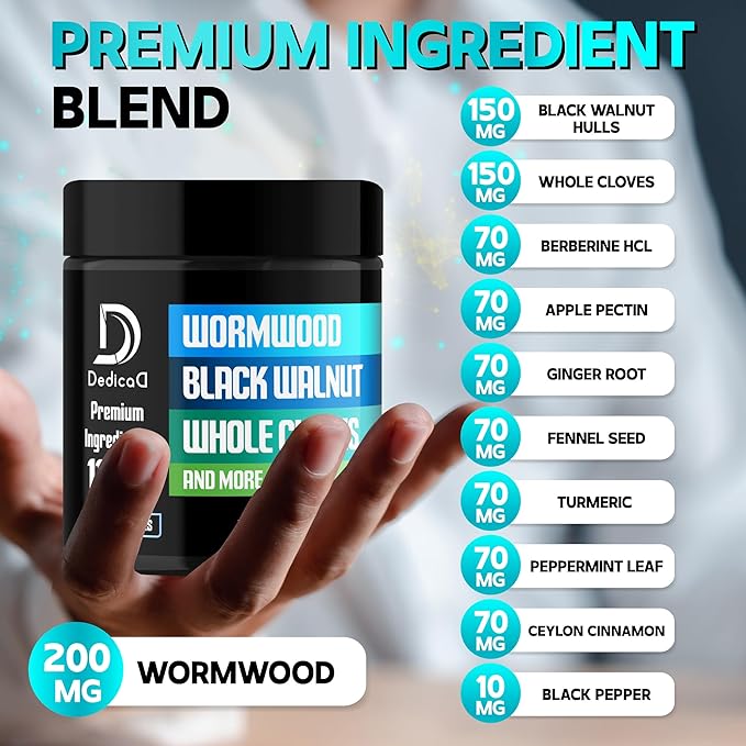 11in1 Wormwood Capsules - 180 Capsules Extracted from Black Walnut, Cloves, Ginger, Turmeric, Apple, Berberine HCl & More - Support Immune System for 3 Months
