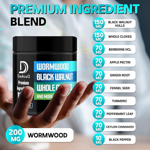 11in1 Wormwood Capsules - 180 Capsules Extracted from Black Walnut, Cloves, Ginger, Turmeric, Apple, Berberine HCl & More - Support Immune System for 3 Months