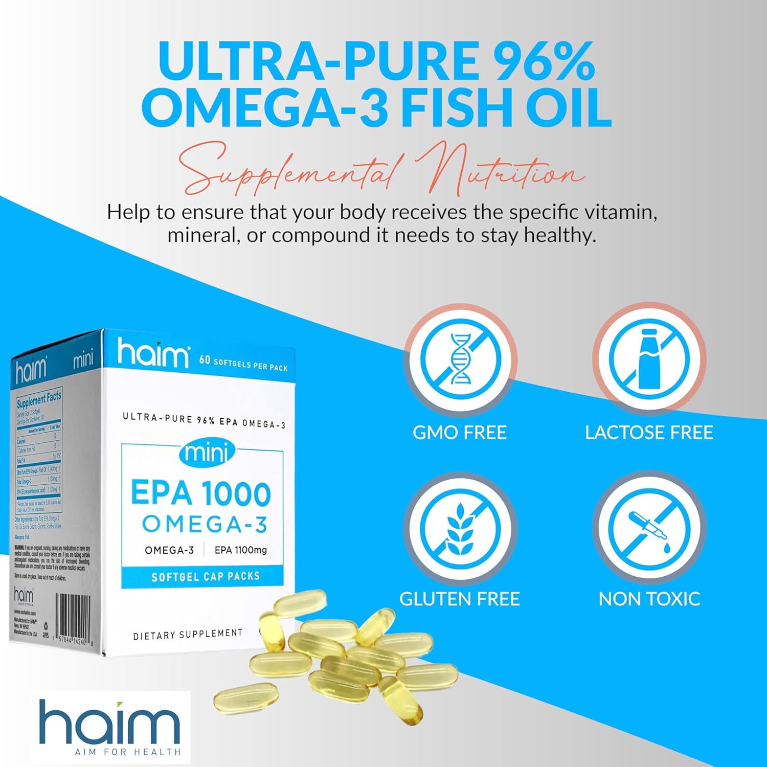 HAIM EPA1000 MINI – Pure EPA Fish Oil Supplement – 1,100mg Omega-3 for Heart, Brain & Joint Health – High Potency, Burpless Softgels – Small, Easy-to-Swallow Capsules – 60 Softgels – Made in USA