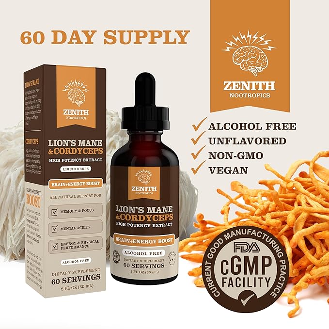 Lion’s Mane & Cordyceps Supplement – Brain & Energy Support – Focus, Memory, Clarity, Immunity – Vegan, Alcohol-Free Tincture – Up-to 2-Month Supply, 2 fl oz