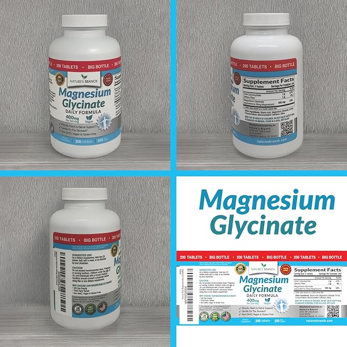 Magnesium Glycinate 400mg | 200 Tablets | High Absorption Mag Supplements for Sleep, Leg Cramps, Heart, Muscle, Calm | Non Buffered Bisglycinate, Extra Strength for Women and Men, Tablets Not Capsules