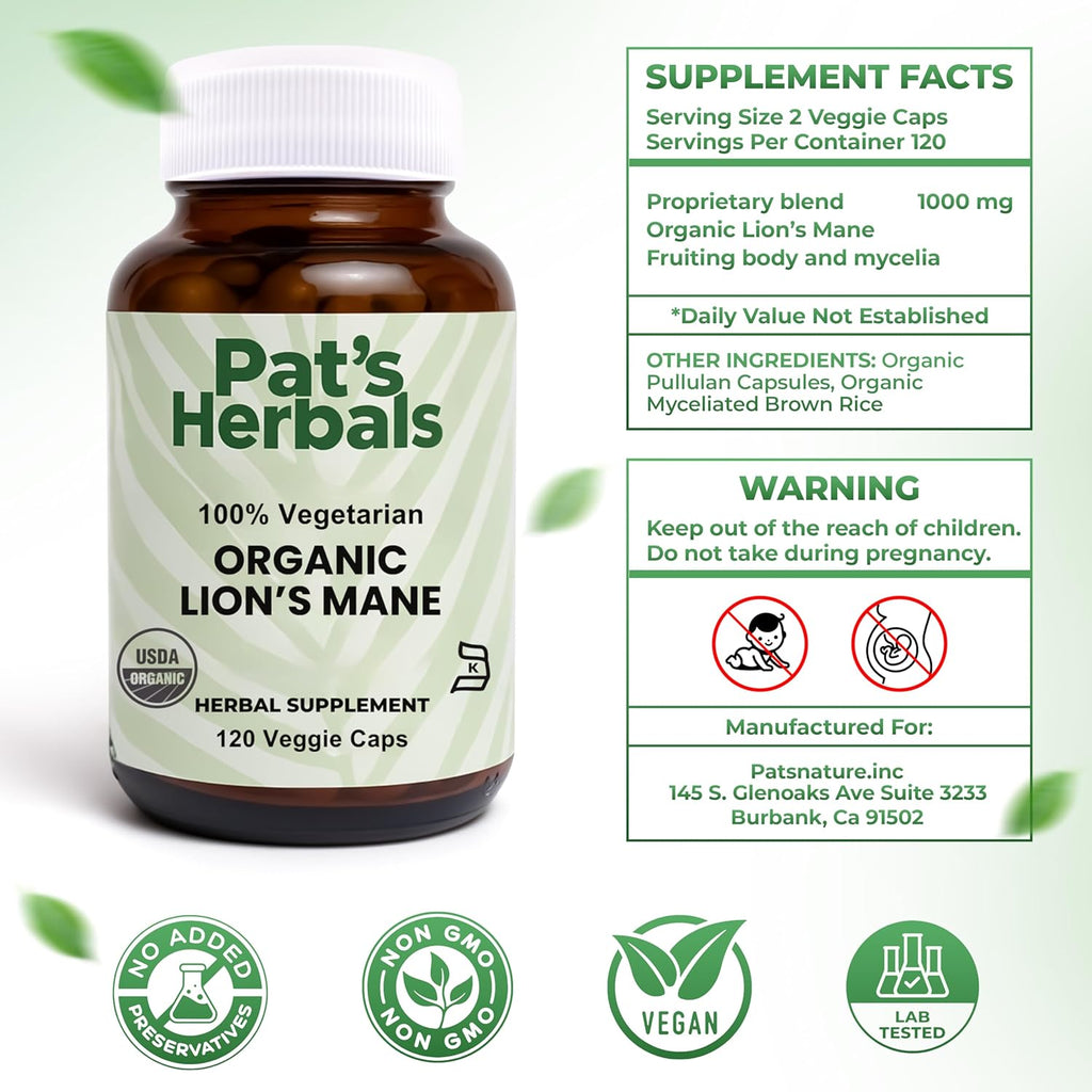 Pat's Herbals Organic Lion’s Mane Capsules | 120 Count | 1000 mg Pure Lion’s Mane | Vegan & Non-GMO