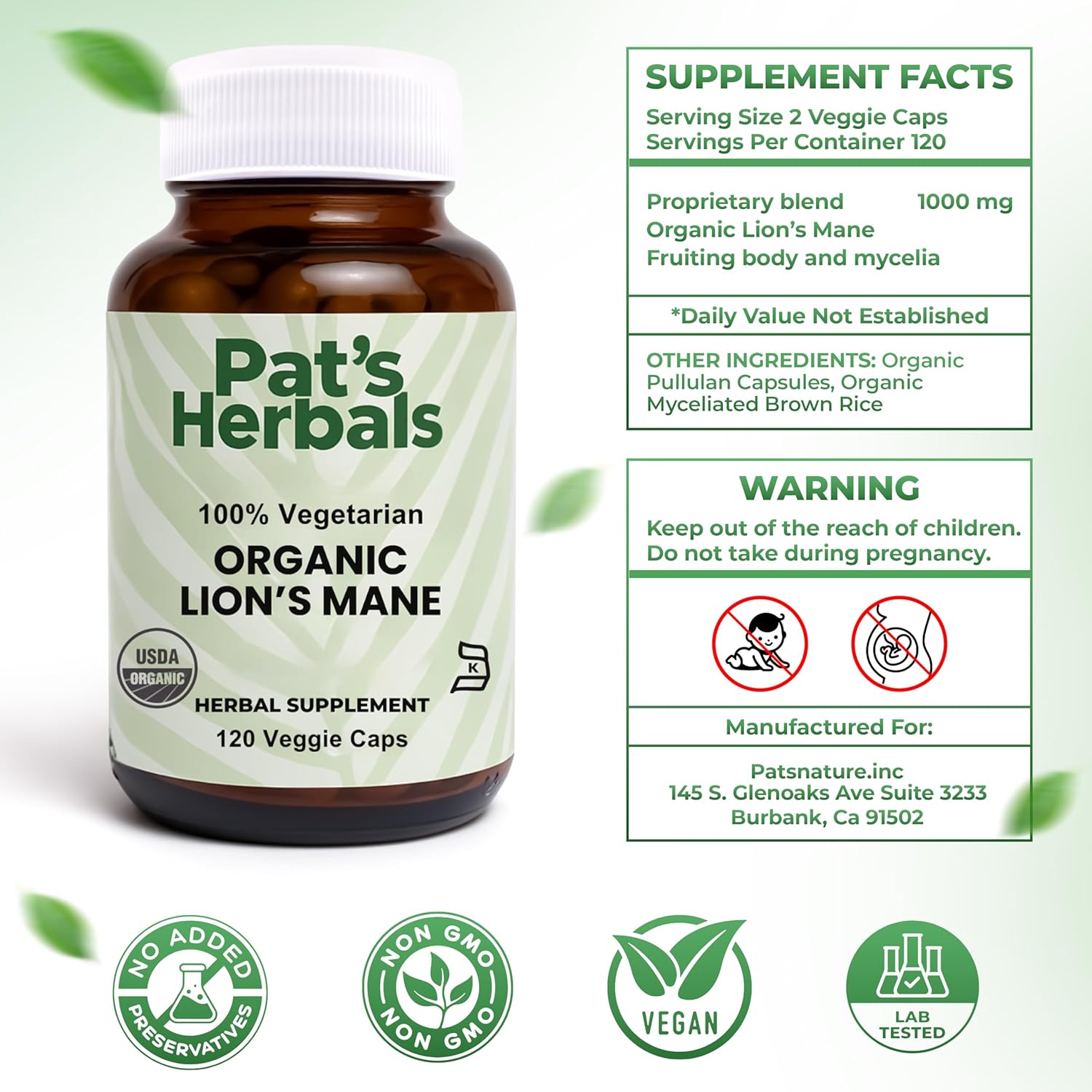 Pat's Herbals Organic Lion’s Mane Capsules | 120 Count | 1000 mg Pure Lion’s Mane | Vegan & Non-GMO