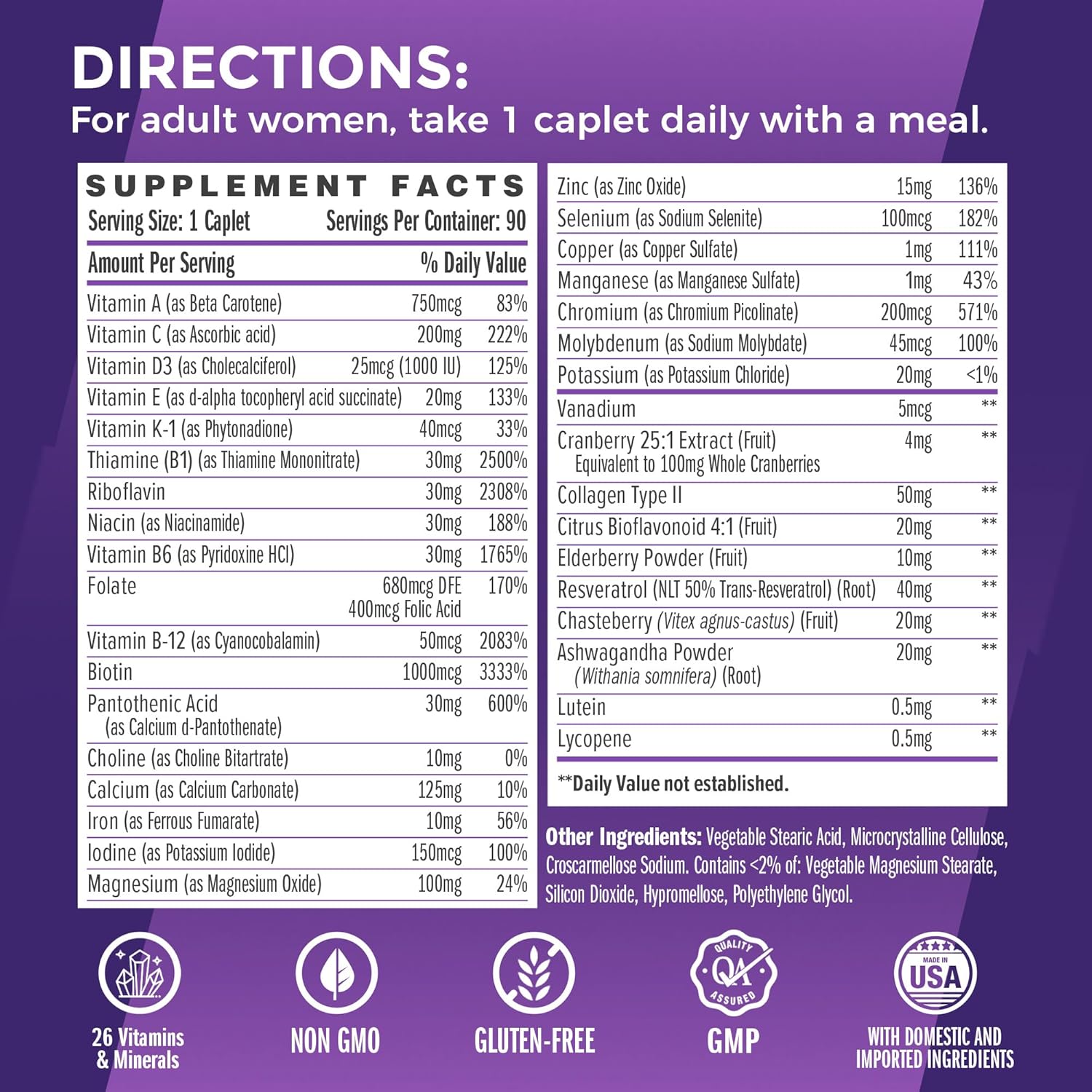 Vitamin World Ultra 360 Multivitamin for Women One Daily, Women's Multivitamin with Collagen, Ashwagandha & Antioxidants, Supplement with Vitamin A, B, C & D for Energy & Immune Support, 90 Caplets