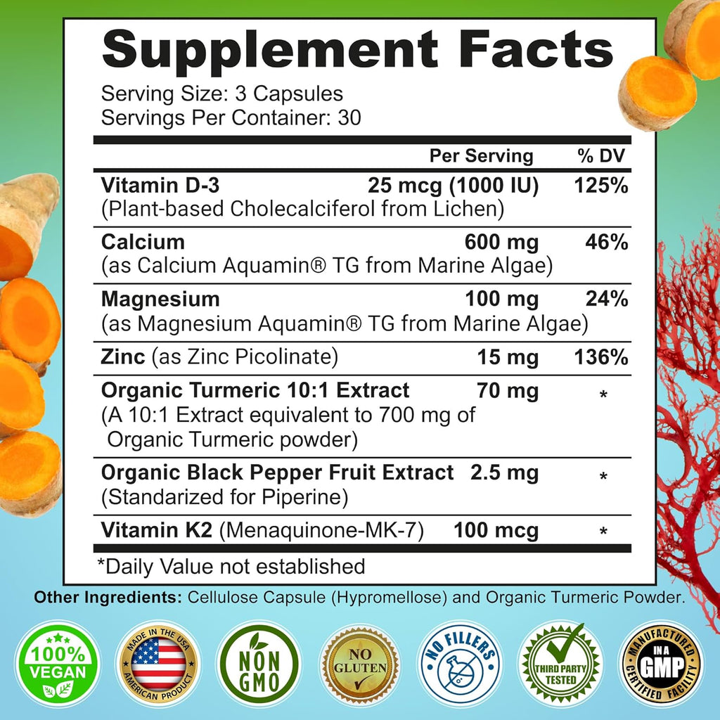 Plant-Based Calcium 600mg (Aquamin) – Vegan Calcium Magnesium Zinc D3 with Vitamin K2 & Organic Turmeric – Enhanced Bone and Muscle Health & Strength, Immune Support for Women & Men - 90 Count