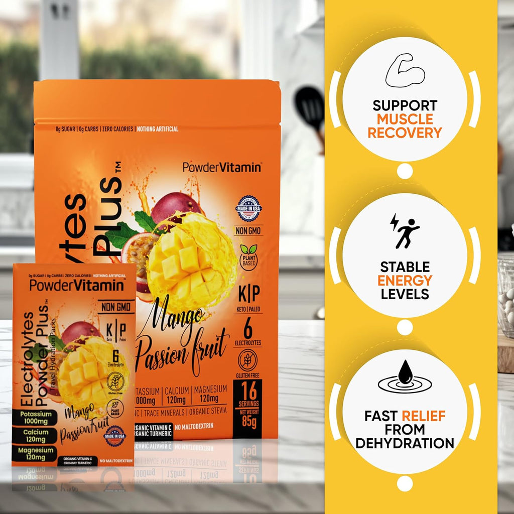 PowderVitamin Electrolytes Powder Plus, Keto, Mango Passionfruit, Sugar Free, Pink Himalayan Salt, 1000mg Potassium, 120mg Calcium, 120mg Magnesium, Non-GMO, Zero Calories, (16 Hydration Packets)