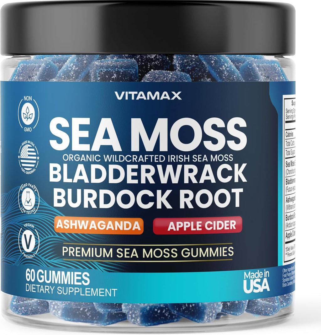 Irish Sea Moss Gummies, Sea Moss, Bladderwrack, Ashwagandha, Burdock Root, ACV - Multi-Mineral - Non-GMO and Vegan – Made in USA – 60ct