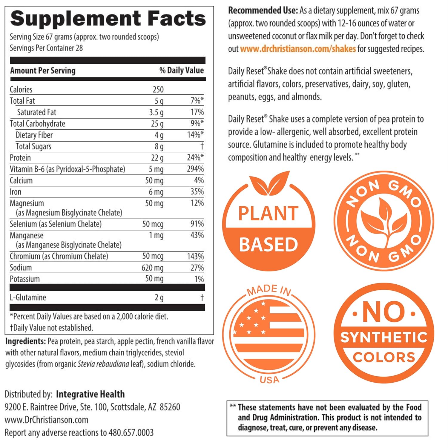 Dr. Christianson's Original Daily Reset Meal Replacement Shake (Vanilla) - Doctor Formulated Natural Pea Protein & Resistant Starch Powder for Complete Nutrition - 28 Full-Size Servings