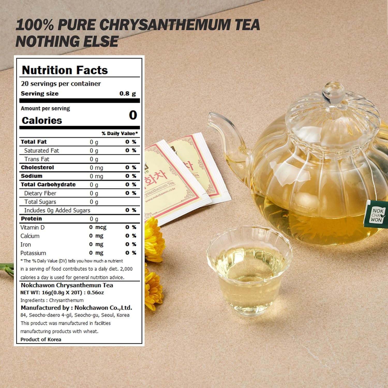 [Nokchawon] Chrysanthemum Tea, Premium Pure Herbal Tea, Caffeine Free, Zero Calories Korean Tea, 20 Count Tea Bags, 0.56oz(16g)