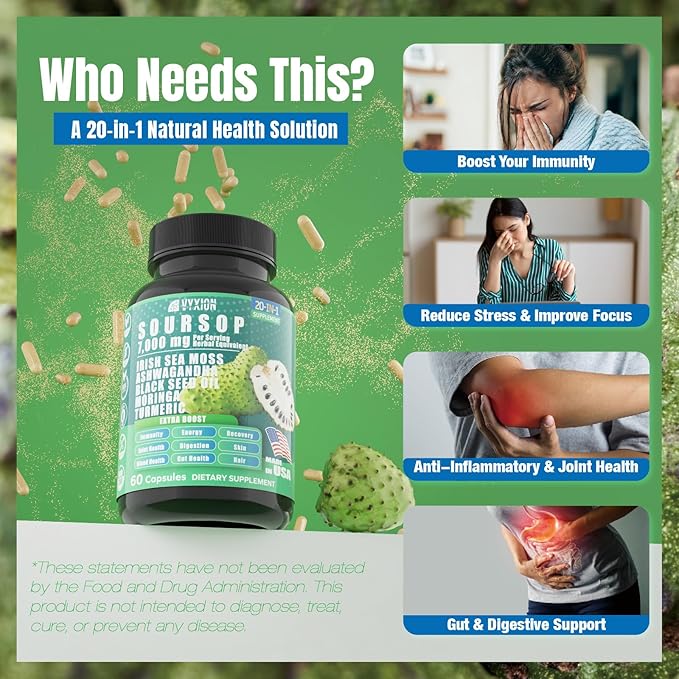 Soursop Graviola Supplement with Sea Moss, Moringa, Turmeric, Black Seed Oil, Oregano, Ashwagandha | 20-in-One Herbal extracts for Overall Health-Enhancing | Vegan, Non-GMO | 60 Capsules