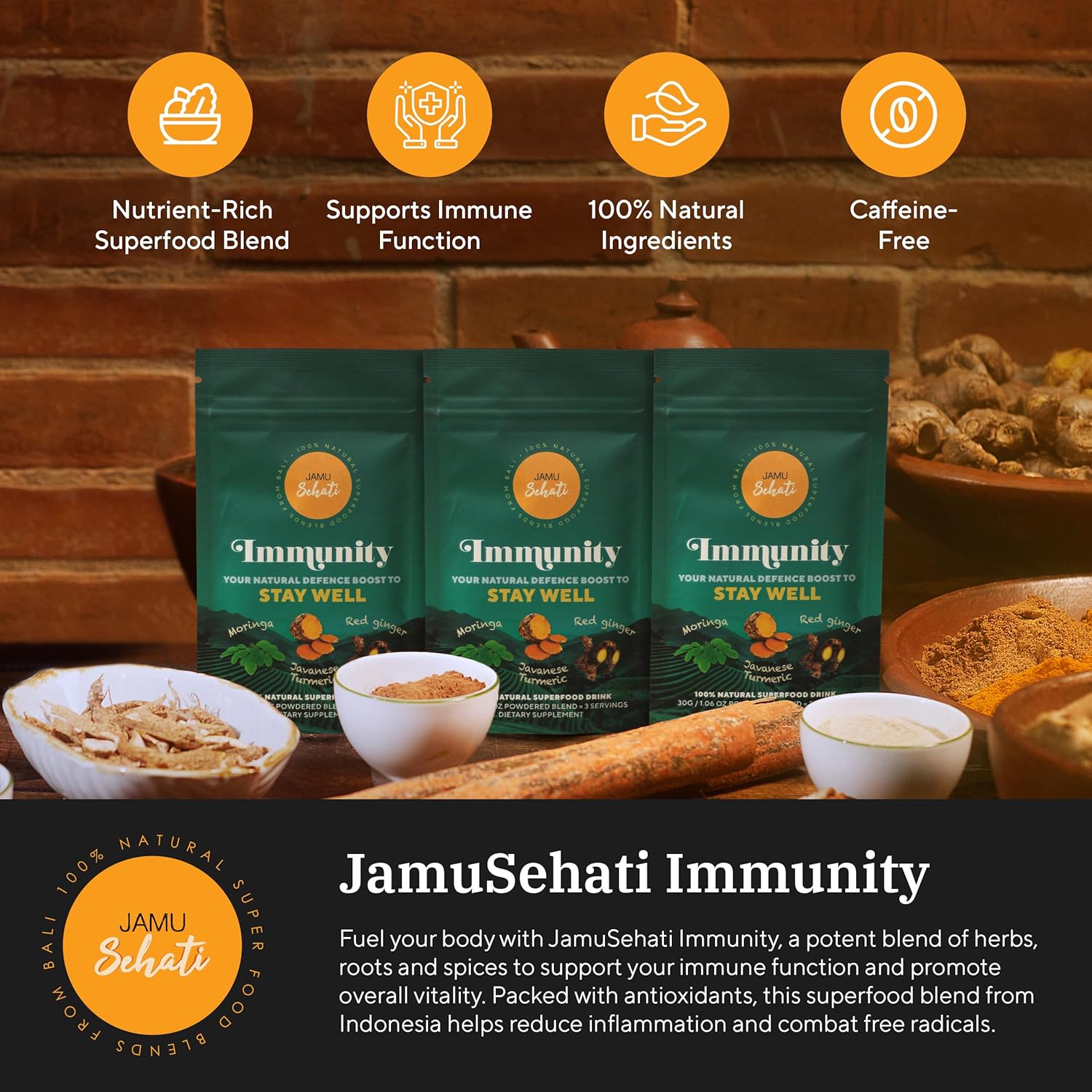 JAMUSEHATI Immunity, Natural Superfoods Blend from Bali, Containing Javanese Turmeric, Red Ginger, Moringa and Matcha, Pack of 3 Sachets