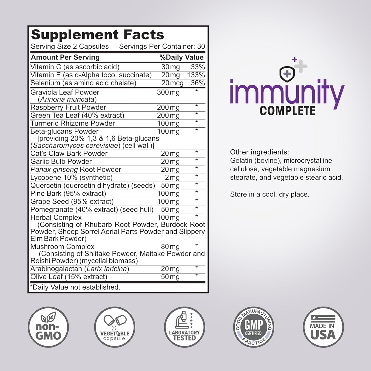 Immunity Complete - 20-in-1 Immune System Booster Formula with Cat's Claw, Quercetin, Vitamin C, and Olive Leaf Extract 60ct