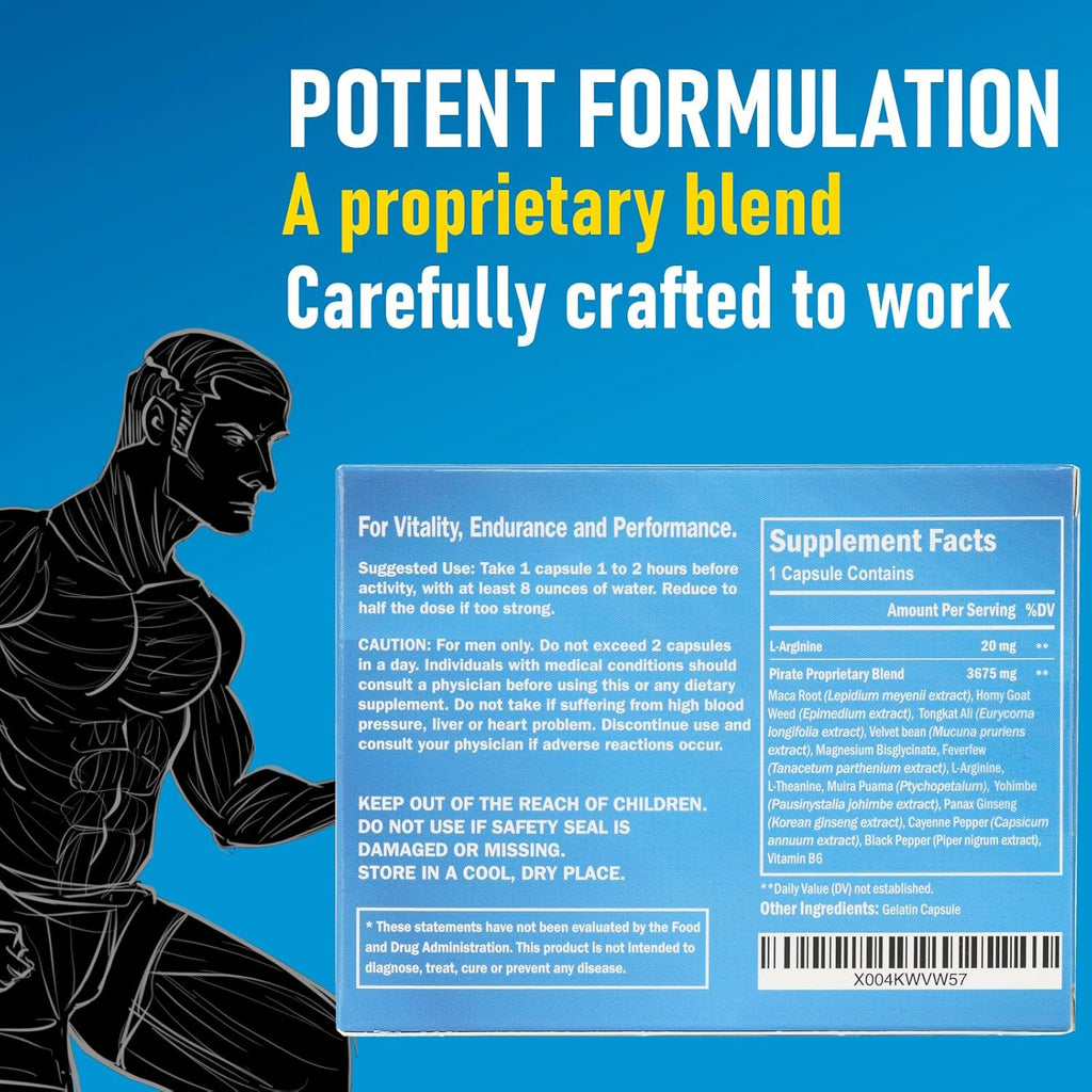 Pirate Male Supplement for Men – Fast-Acting Herbal Stamina & Energy Booster – Horny Goat Weed, Maca Root, Tongkat Ali, Muira Puama & Vitamin B6 – for Men’s Endurance, Vitality & Performance