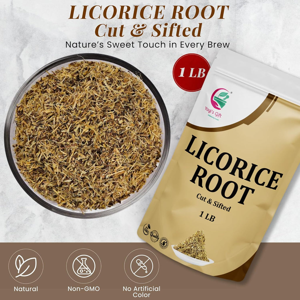Licorice Root 1 LB, Cut and Sifted, 100% Pure & Natural Dried Licorice Root, Premium Quality, Ideal for Tea, Herbal Blends, and Wellness Uses - By Yogi’s Gift®