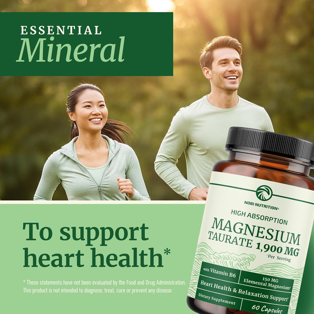 Magnesium Taurate 1900MG | Heart Health and Relaxation Support | 150MG Elemental Magnesium Per Serving | High Absorption Mag Taurate with Vitamin B6 + Black Pepper | Non-GMO | 60 Ct (1 Month Supply)