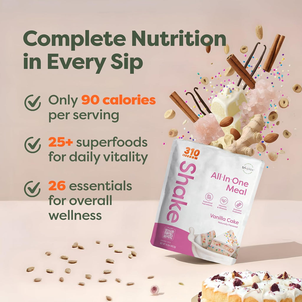 310 Nutrition All-In-One Meal Replacement Shake Powder - Plant-Based Protein Smoothie Blend w/High Fiber, Probiotics & Adaptogens - Low Carb, Vegan, Keto & Paleo Friendly - Vanilla Cake - 28 Srv
