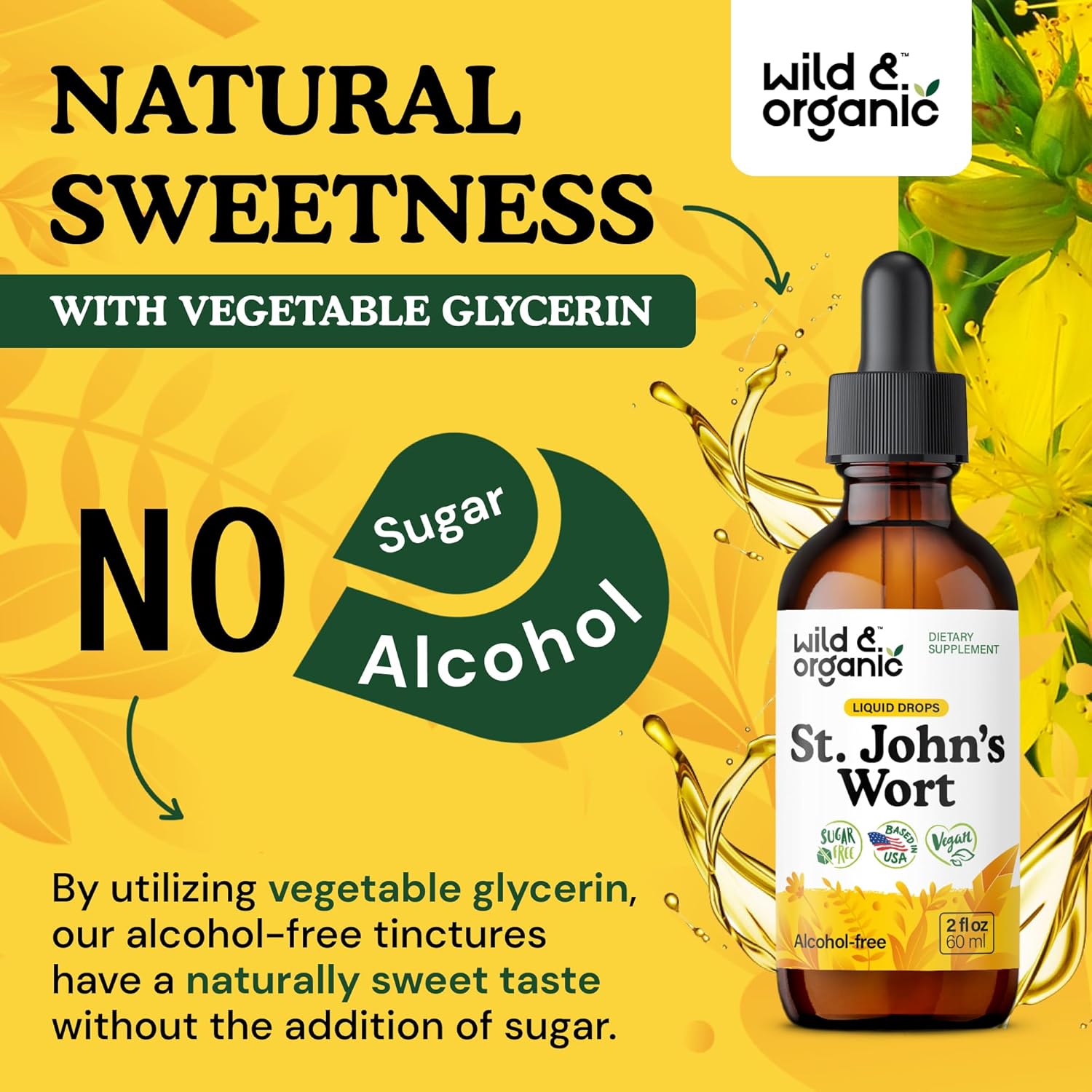 Wild & Organic St Johns Wort Tincture - Mood Support - Relaxing St. John's Wort Supplement - Liquid Hypericum Perforatum Herb Drops - Vegan, Sugar & Alcohol-Free - 2 fl oz