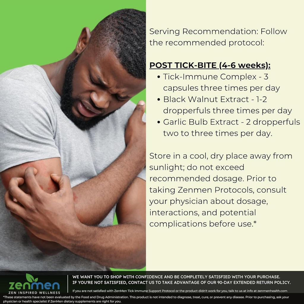 Zenmen Tick-Borne Support Lite Bundle - Longer Term Wellness Support After Exposure - 1 Tick Immune Support + 1 Monolaurin + 1 Green Black Walnut Tincture + 1 Garlic Tincture Bundle