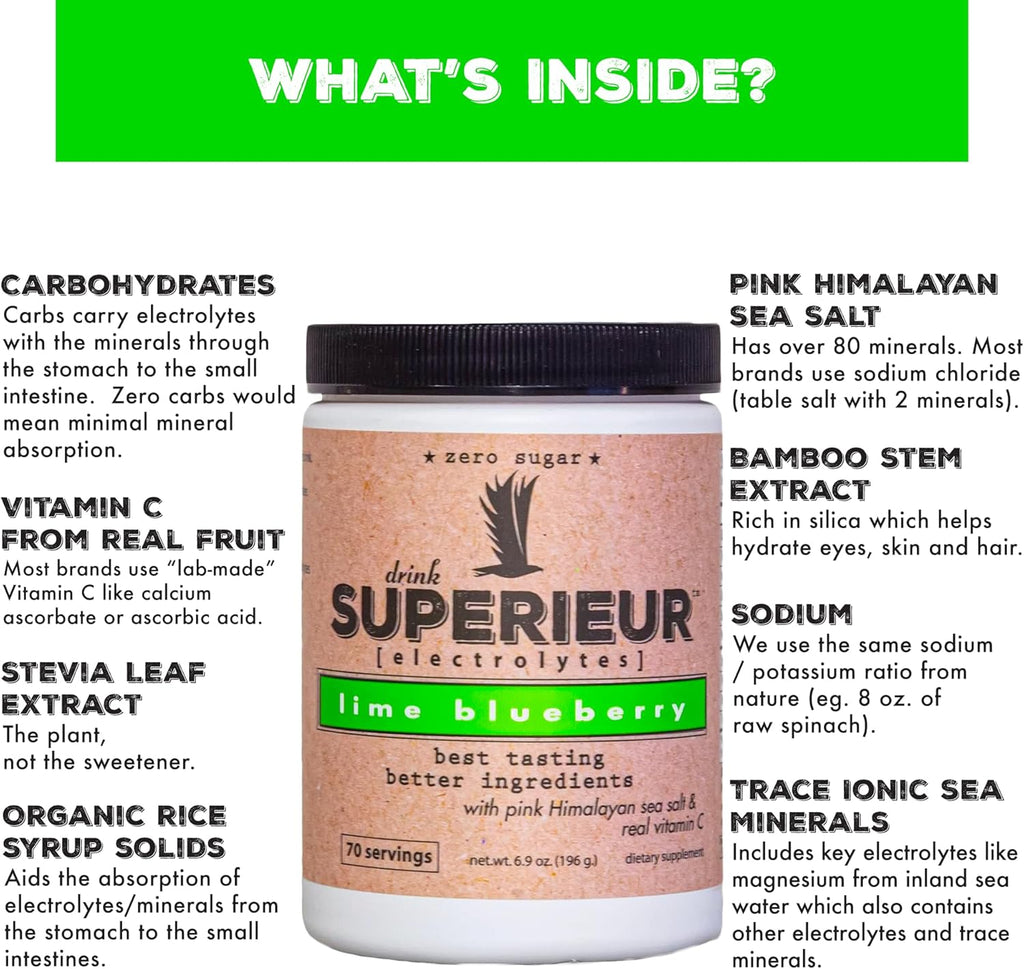 Superieur Electrolytes–Plant Based Electrolyte Supplement w/Sea Minerals for Hydration & Recovery–Keto Friendly, Non-GMO, Zero Sugar, Vegan, Healthy Sports Drink Powder–Lime Blueberry (70 Servings)