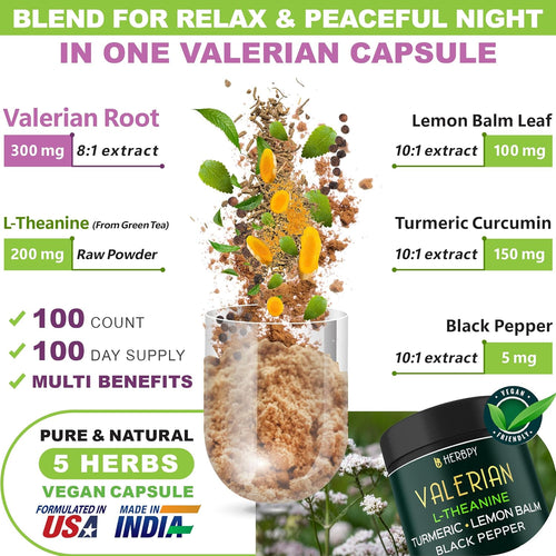 5in1 Valerian Root Capsules Plus L-Theanine, Lemon Balm, Turmeric and Black Pepper for Relaxation, Restful Night, Digestion & Immune Support - 100 Count
