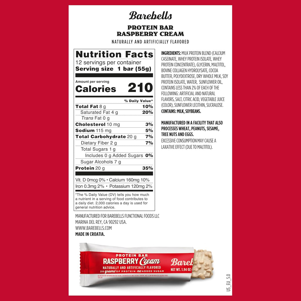 Barebells Protein Bars Raspberry Cream - 12 Count, 20g High Protein Treats - Chocolate Nutrition Bar with 1g Total Sugars - On-The-Go Breakfast or Post-Workout Snack