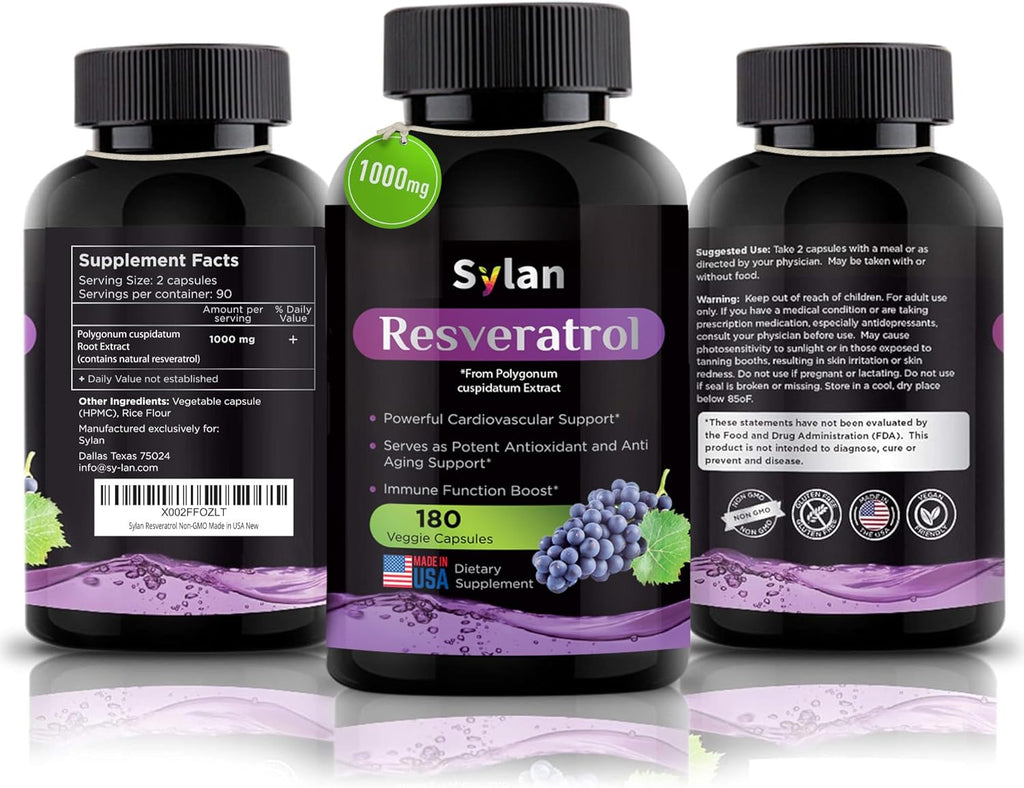 SYLAN Trans Resveratrol Supplement, 1000mg, 180 Veggie Capsules, Antioxidant, Supports Heart, Joint, Brain, Immune Health & Anti-Aging, Non-GMO, Made in USA, Resveratrol 500mg Powder per Capsul