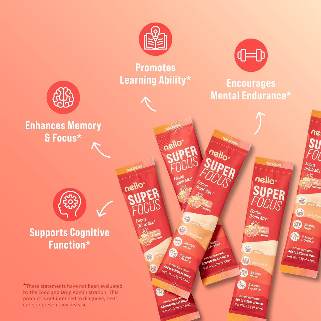 Nello SuperFocus Focus Drink Mix – Fruit Punch Flavor – Alpha GPC, Lion’s Mane, Rhodiola & N-Acetyl L-Tyrosine – Sugar-Free, On-The-Go Packets – 20 Servings