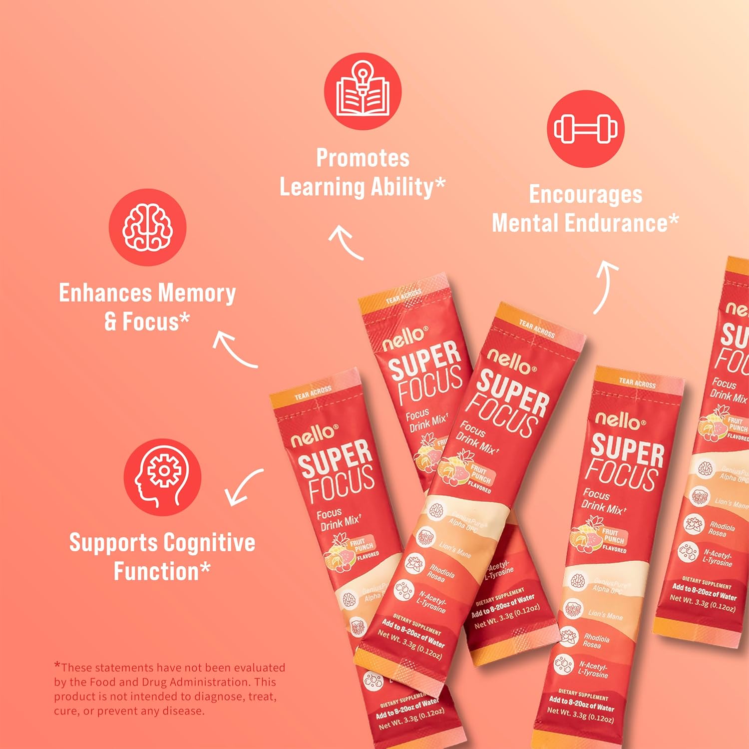 Nello SuperFocus Focus Drink Mix – Fruit Punch Flavor – Alpha GPC, Lion’s Mane, Rhodiola & N-Acetyl L-Tyrosine – Sugar-Free, On-The-Go Packets – 20 Servings