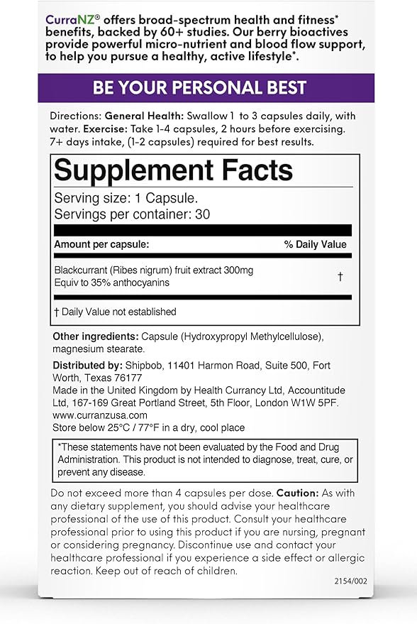 CURRANZ New Zealand Blackcurrant Extract Sports Nutrition Capsules | Muscle Recovery | Endurance Performance | Pre or Post Workout Supplement | Vegan & Caffeine Free (30 Capsules)