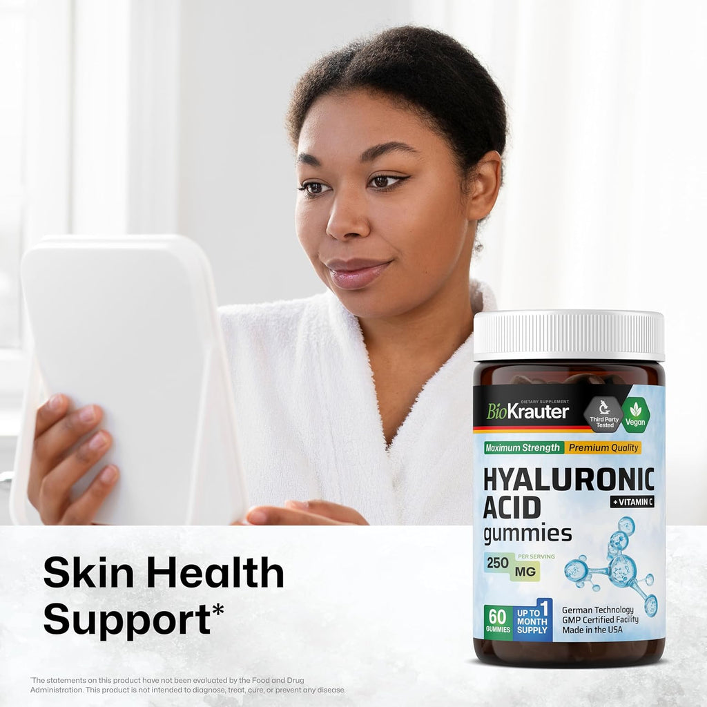 BIO KRAUTER Hyaluronic Acid Gummies w/Vitamin C - 250 mg - 60 Vegan Chews - Hyaluronic Acid Supplements - Pectin-Based