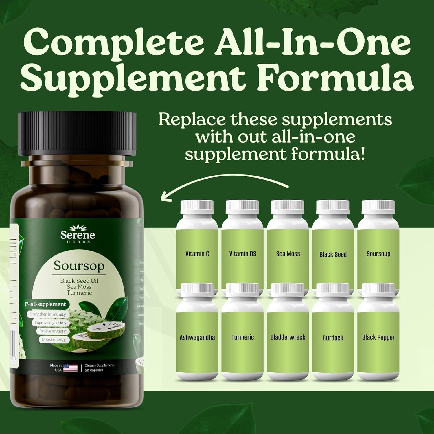 Sea Moss, Black Seed Oil 4000mg, Soursop 4000mg, Ashwagandha 2000mg, Turmeric, Bladderwrack, Burdock, Vitamin C & D3, Dandelion Root, Ginger- Herbal Supplement for Immune Support & Wellness(60 Count)