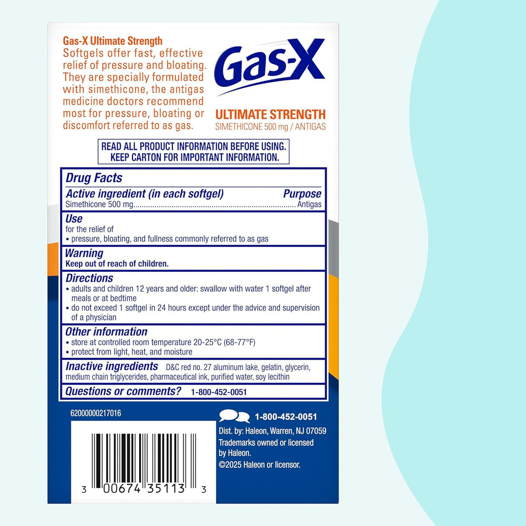 Gas-X Ultimate Strength Gas Relief Softgels with Simethicone 500 mg, Fast Bloating Relief, Anti-Gas, OTC Stomach & Intestinal Gas, Easy to Swallow, 20 Count