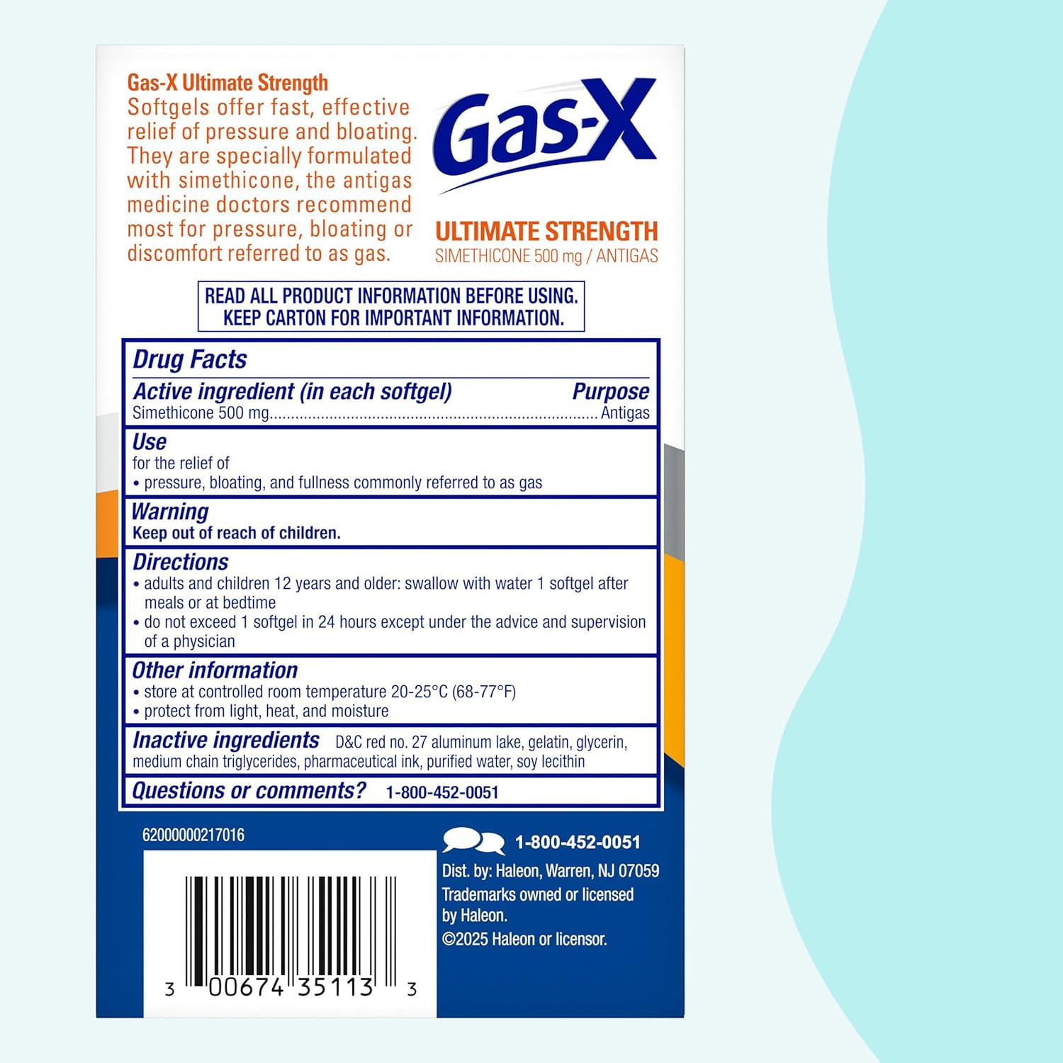 Gas-X Ultimate Strength Gas Relief Softgels with Simethicone 500 mg, Fast Bloating Relief, Anti-Gas, OTC Stomach & Intestinal Gas, Easy to Swallow, 20 Count