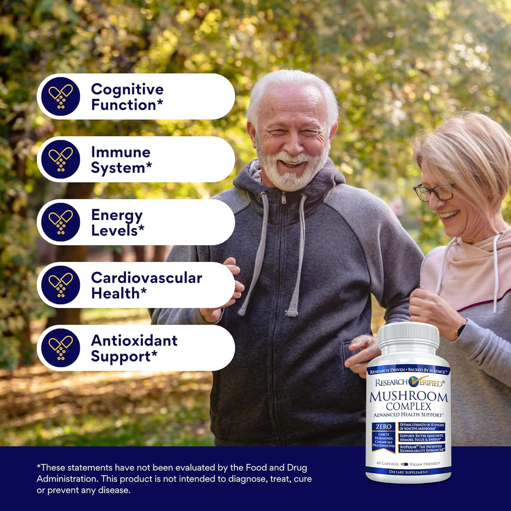 Research Verified Mushroom Complex - Support Immunity, Boost Antioxidants, Improve Cognitive Function - 10 Mushrooms Including Reishi, Maitake, and Shiitake - 180 Capsules - Vegan