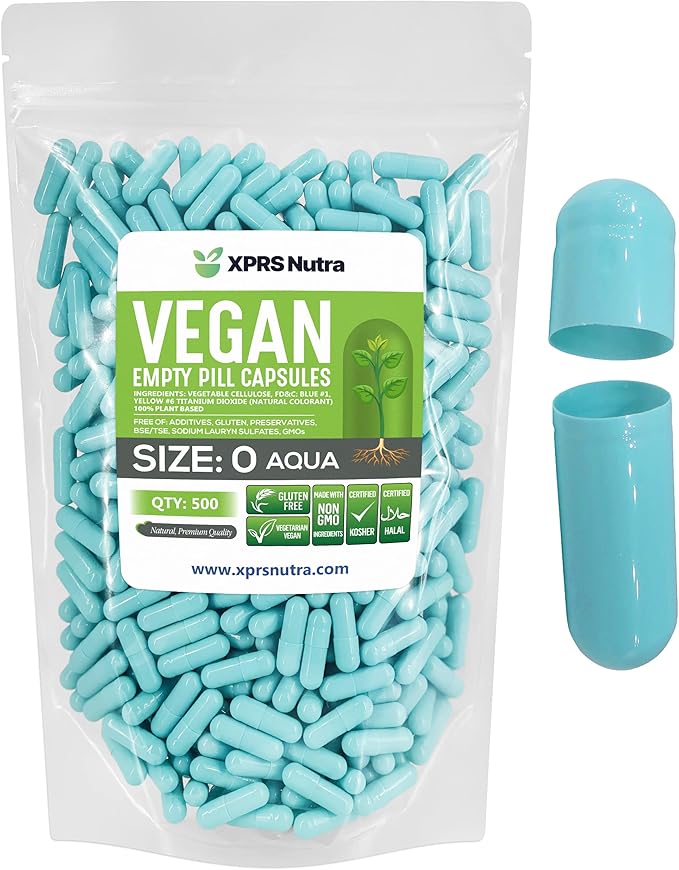 XPRS Nutra Size 0 Empty Capsules - Empty Vegan Capsules - 500 Count Vegetarian Pills - DIY Vegetable Capsule Filling - Veggie Pill Caps for Do-It-Yourself Supplements (Aqua)