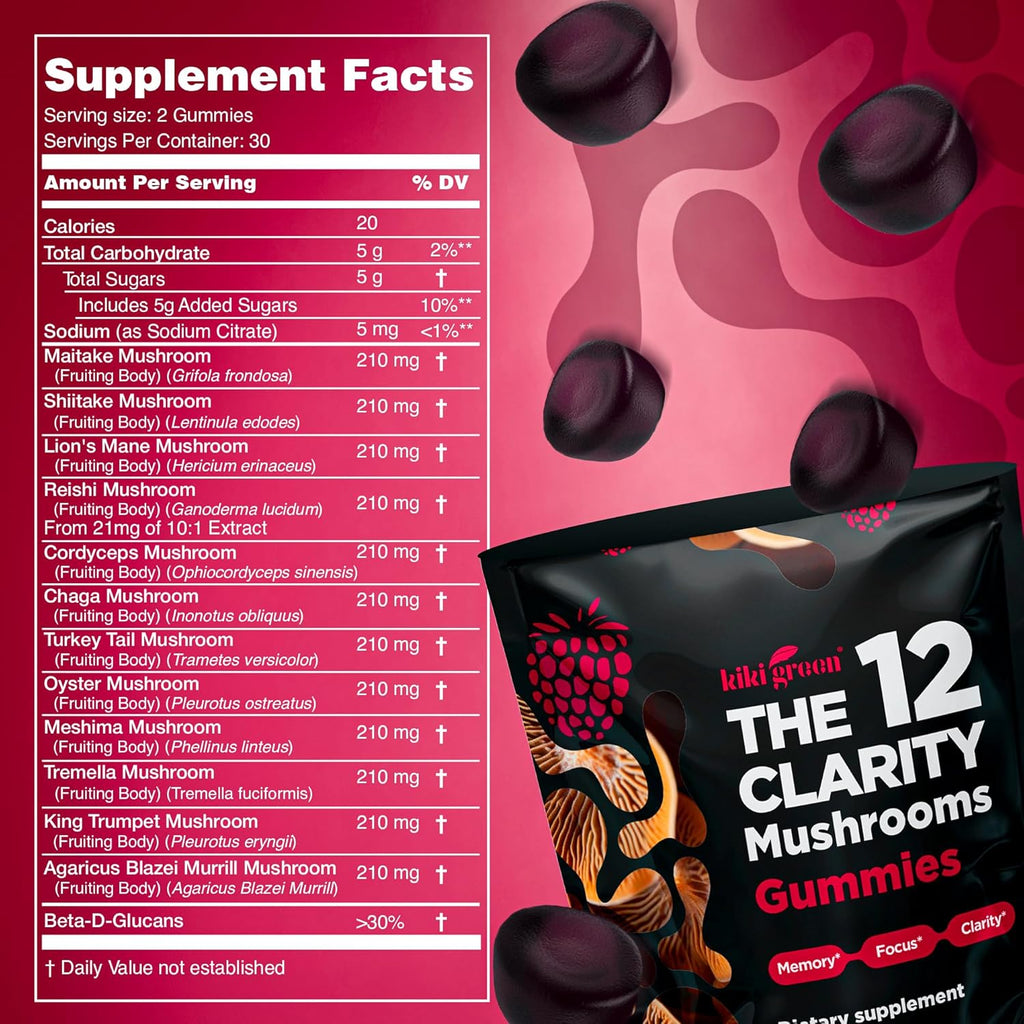 KIKI Green 12 Mushroom Supplement Gummies - Lion's Mane, Cordyceps, Chaga, Reishi, Turkey Tail & 7 More for Memory, Focus, Immunity - 60 Mushroom Gummies for Adults with Raspberry Flavor 10:1 Extract