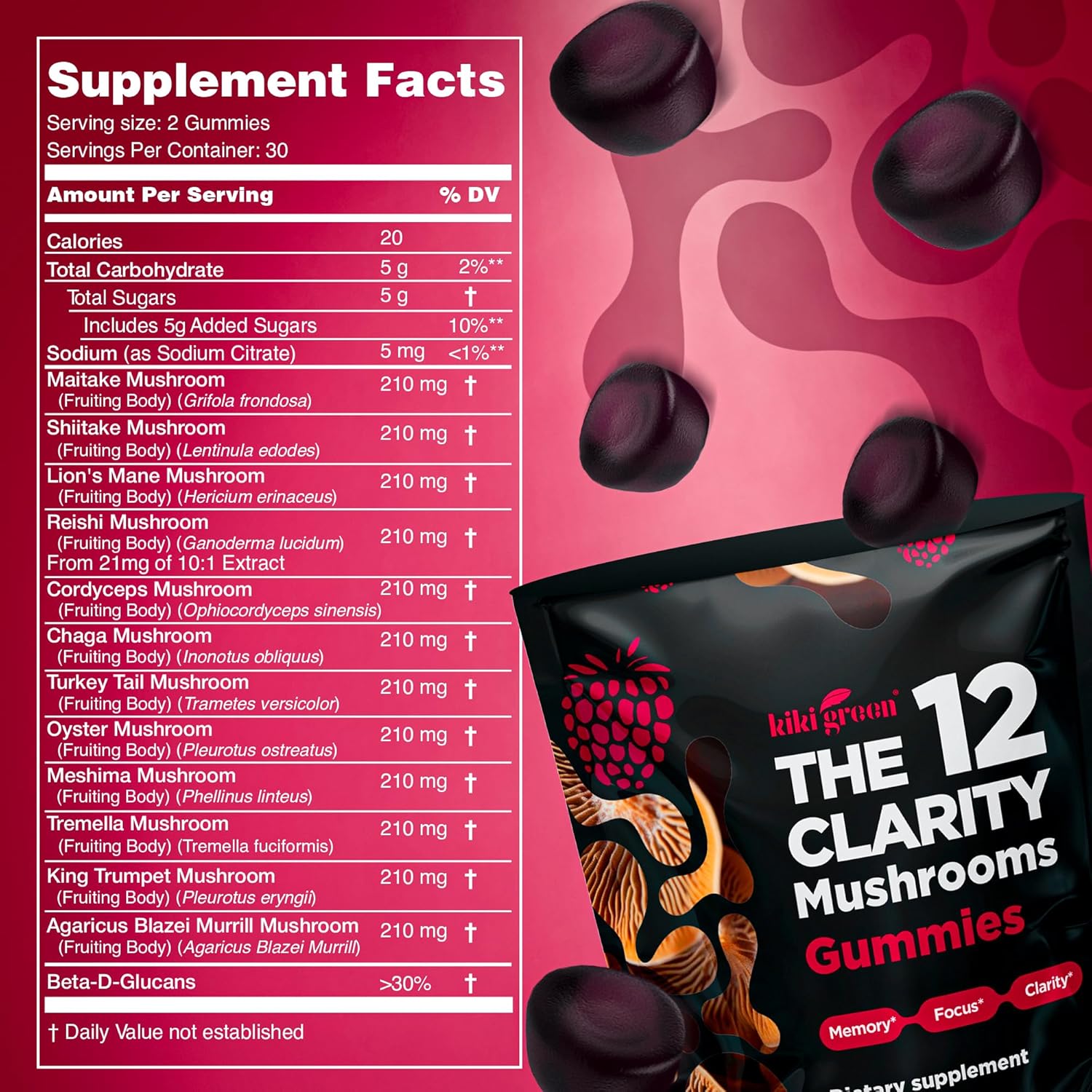 KIKI Green 12 Mushroom Supplement Gummies - Lion's Mane, Cordyceps, Chaga, Reishi, Turkey Tail & 7 More for Memory, Focus, Immunity - 60 Mushroom Gummies for Adults with Raspberry Flavor 10:1 Extract