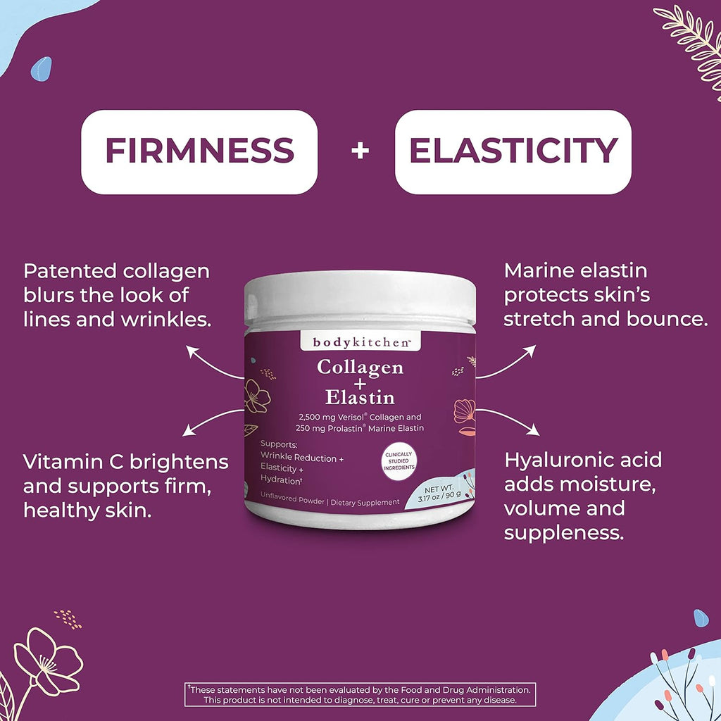 Body Kitchen Collagen and 250 mg Elastin Supplement to Aid Signs of Aging, Support Skin Health & Elasticity, Fewer Wrinkles, Unflavored Powder, Tasteless, Odorless, Colorless, 30 Servings (2 Pack)