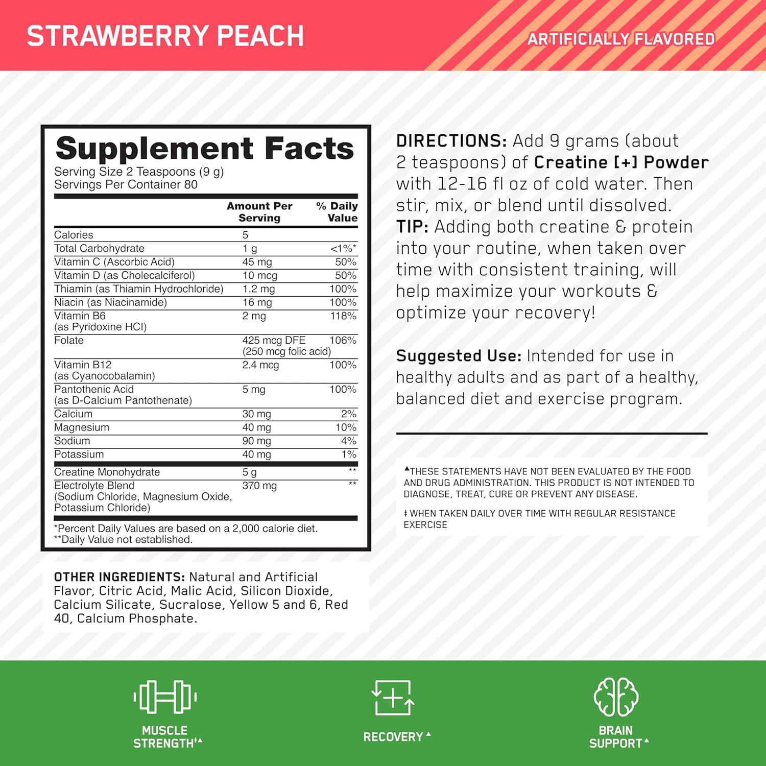 Optimum Nutrition Creatine Monohydrate Plus Powder, Strawberry Peach Flavored Creatine Performance Blend, with Electrolytes for Hydration, Added Vitamins, 80 Servings, 720 Grams (Packaging May Vary)
